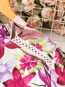 SHEIN Clasi Plus Size Nữ Mùa Hè In Hoa Cổ Đứng Tay Ngắn Điện Đơn Xù Viền Ngày Lễ Áo Dài - Màu tím - Xem 4
