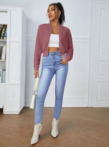 SHEIN Essnce Solid Color Baseball Collar Long Sleeve Zipper Jacket In Fall/Winter - Dusty Pink - View 4