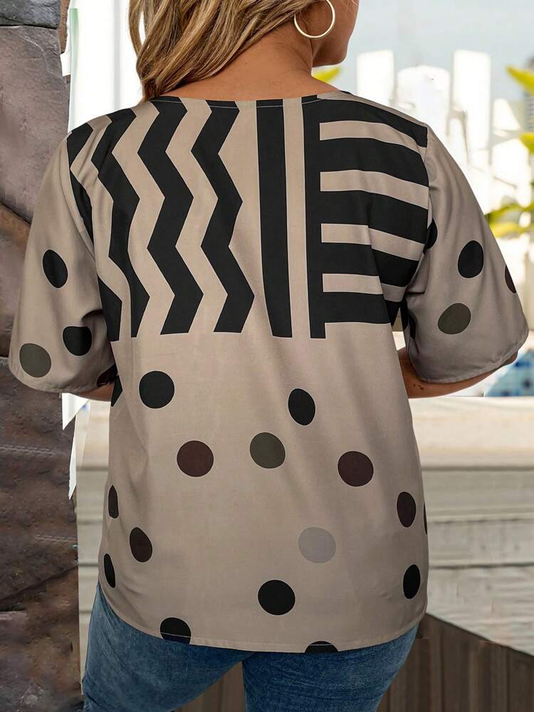 Plus Size Striped Polka Dot Printed Color Block Short Sleeve Shirt With Notched Collar