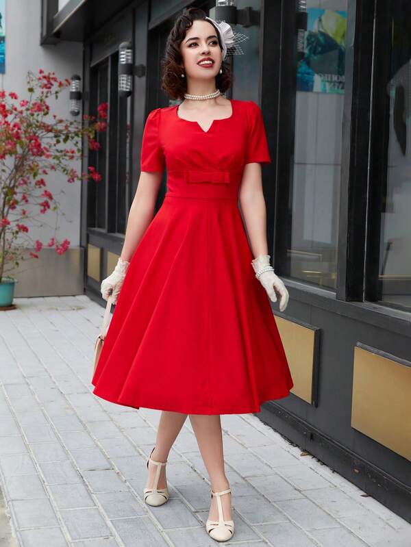 MUXXN Vintage 1950s Cocktail Prom Elegant Midi Swing Dress With Sleeves Bridesmaid Formal Dresses