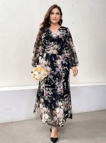 Modelyn Plus Size Floral Print Lantern Sleeve V-Neck Dress With Waist Knot