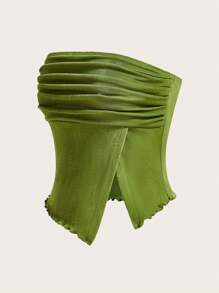 SHEIN Essnce Ladies' Summer Boho Solid Color Pleated Strapless Top With Asymmetrical Hemline And Split Front, Green Top - Green - View 5