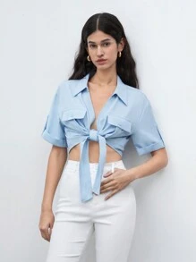 SHEIN Unity Women Solid Color Notched V-Neck Pocket Design Short-Sleeved Shirt With Tie Strap For Spring And Summer - Blue - View 4