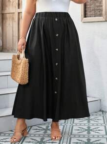 SHEIN LUNE 舒适的牛仔效果 A 字裙，松紧腰身，伞形纽扣装饰，加大尺寸口袋 - 黑色 - 查看 3