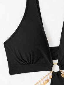 SHEIN Swim 女士露腰连体泳衣，适合游泳、度假和夏季海滩 - 黑色 - 查看 5