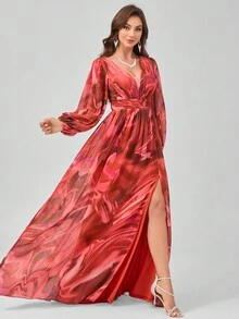 SUPGIR Randomly Cut Floral Watercolor Print V-Neck Lantern Sleeve Waist Pleated Decor Premium And Elegant Chiffon Dress With High Slit