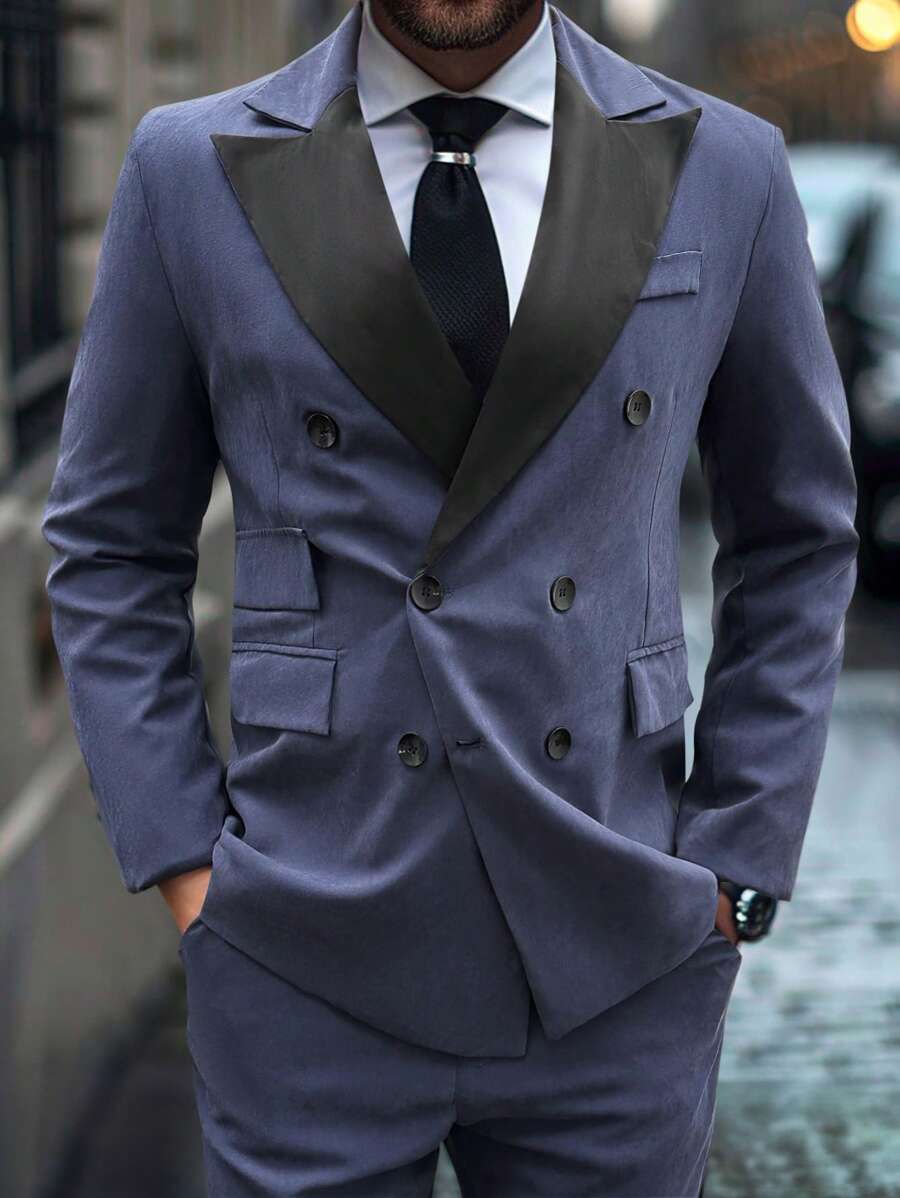 Manfinity Mode Men Spring And Autumn Contrast Color Lapel Double Breasted Jacket And Pants Business Suit For Daily Or Travel - Navy Blue - View 1