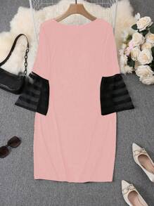 SHEIN Clasi 大码女式春夏花卉印花圆领网眼撞色长袖简约优雅连衣裙 - 粉色 - 查看 2