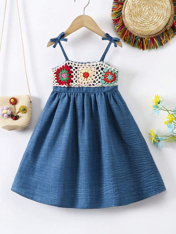 SHEIN Young Girl Summer Loose Floral Print Shoulder Knot Cami Dress