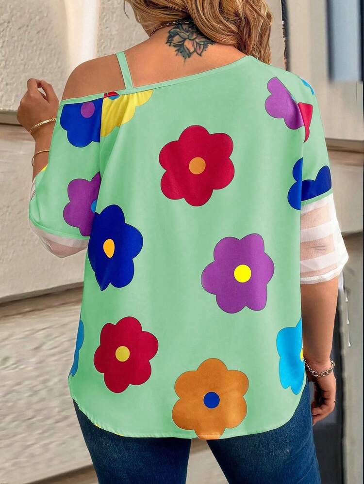 Plus Size Vacation Casual Contrast Mesh Contrast Floral Print Asymmetrical Neck Button-Down Shirt