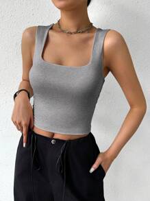 SHEIN Essnce 春夏季基本款實色方領修身短款上衣 - 灰色 - 查看 1