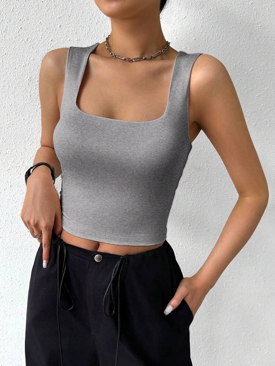 SHEIN Essnce 春夏季基本款實色方領修身短款上衣 - 灰色 - 查看 1