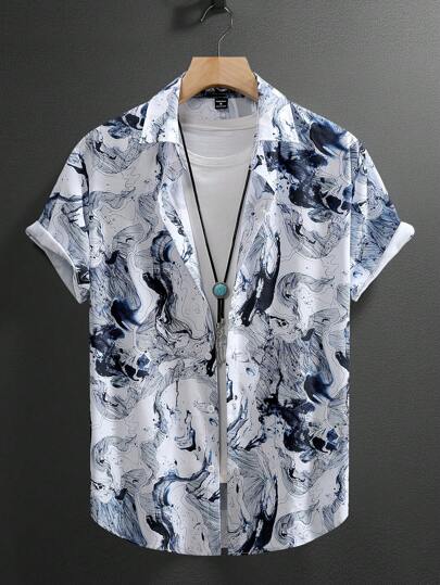 Manfinity Homme 男士加大码全印花短袖休闲衬衫，适合街头穿着、外出