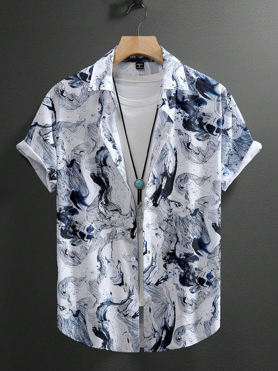 Manfinity Homme Men Plus Size Allover Print Short Sleeve Casual Shirt, For Street Wear, Going Out - Multicolor - View 1