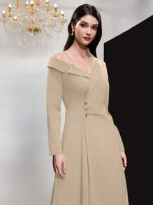 Modelyn Women Simple And Elegant Spring/Summer Solid Color Asymmetrical Collar Long Sleeves Dress With Waist Pleats - Khaki - View 8