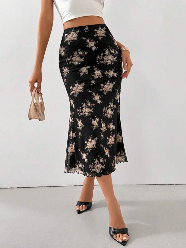 Firerie Women Printed Elastic Waistband Mesh Tulle Romantic Mermaid Skirt