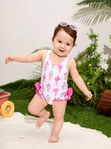 SHEIN Đứa bé gái In kem Áo tắm một mảnh Với Nơ Đồ trang trí - Hồng - Xem 3