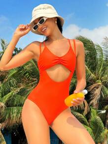 SHEIN Swim Chest Pleated Hollow Out V-Neck Slim Fit  Swimsuit For Summer Beach Vacation