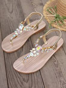 Sandalias de gladiador doradas, zapatos de verano para mujer, sandalias planas cómodas con aplicaciones de rhinestone en estilo bohemio para fiestas - Dorado - Ver 6