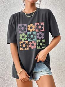 INAWLY Women Summer Floral Print Round Neck Short Sleeve Casual T-Shirt Graphic Tees Women Tops
