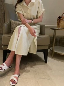 DAZY Striped Shirt Dress Without Belt Sundress,Fall Dress Long Sleeve Dress - Apricot - View 3