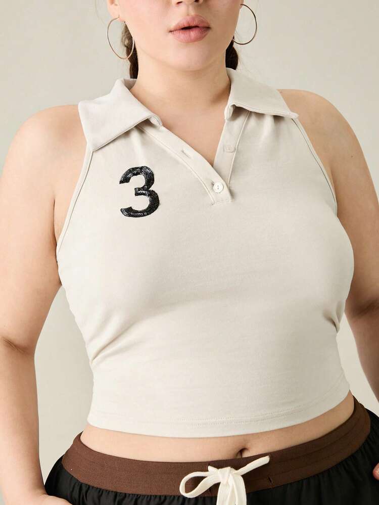 Plus Size Summer Casual Slim Fit Sequins Embroidered Number Pattern Cropped Tank Top