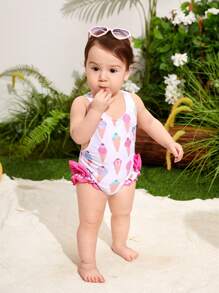 SHEIN Đứa bé gái In kem Áo tắm một mảnh Với Nơ Đồ trang trí - Hồng - Xem 7