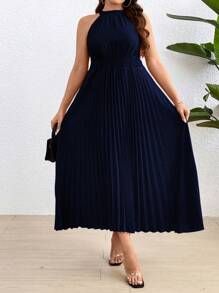 Flirla Große Größen Maxikleid für Damen mit Bubikragen, ärmellos und plissiert, einfarbig