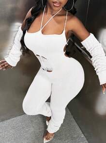 Slaydiva 2024 nowy jednolity kolor Halterneck Halterneck kombinezon z rękawami wełniany Halterneck Tie Hollow kombinezon spodnie warstwowe