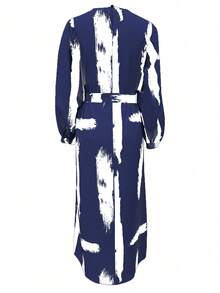 女士时尚撞色印花长袖阿拉伯连衣裙 - 藍白色 - 查看 2