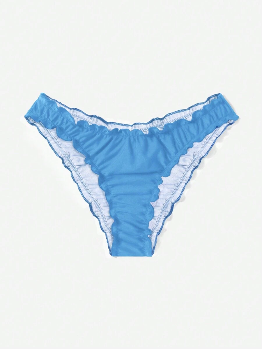 Swim Basics Women Summer Beach Solid Bikini Bottom With Frill Trim And Ruched Design For Vacation - Baby Blue - View 1