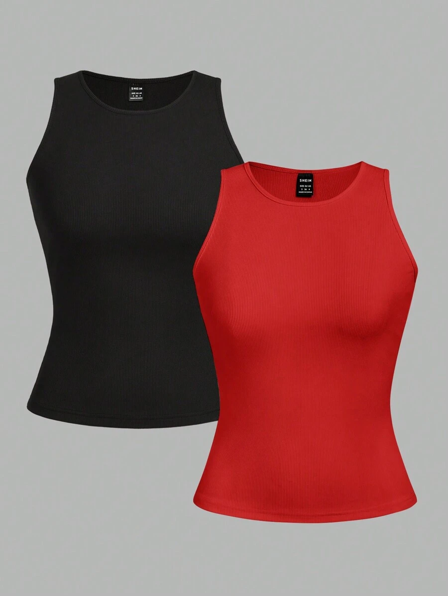 SHEIN EZwear 2pcs Women's Sexy Tight Crop Tops, Suitable For Summer