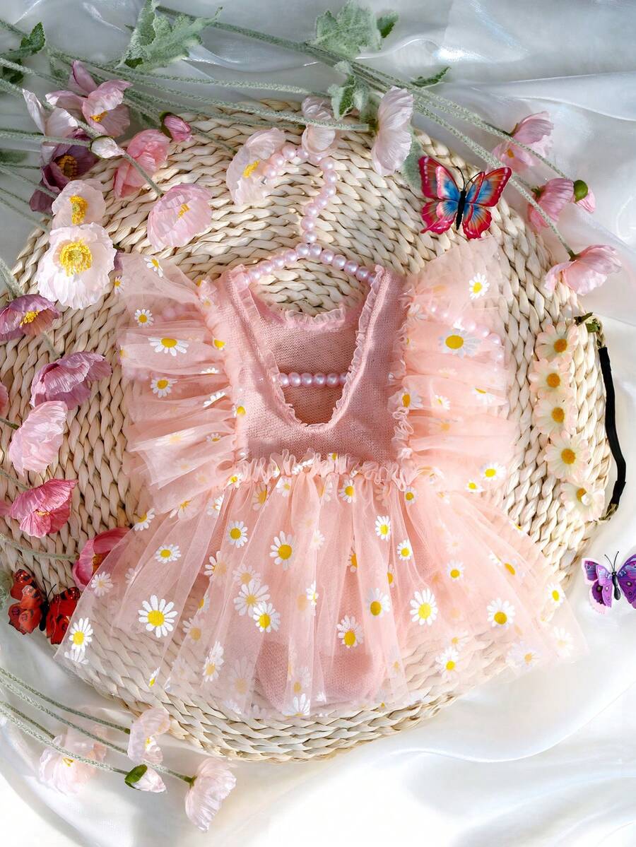 新生嬰兒女寶攝影服裝,向日葵和雛菊網眼仙女裙連肚兜+手工頭箍套裝 - 粉色 - 查看 1