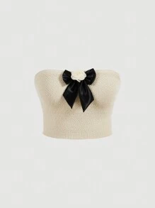 SHEIN MOD Plus Size Fashionable Summer Bow Detail Decoration Tight Cropped Strapless Knit Top
