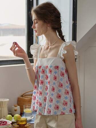 Simple Retro 女士夏季顏色塊方領刺繡蝴蝶袖上衣