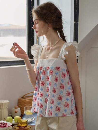 Simple Retro 女士夏季顏色塊方領刺繡蝴蝶袖上衣