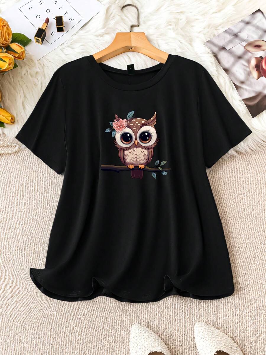 SHEIN LUNE Plus Size Short Sleeve T-Shirt With Owl Print, Suitable For Casual And Daily Wear In Spring And Summer - Black - View 1