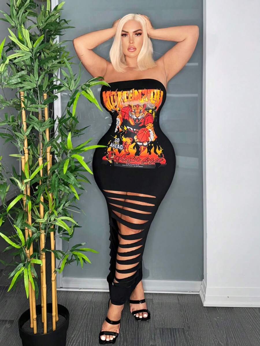 SHEIN SXY Đầm bó sát in họa tiết cao su không quai kiểu Mỹ cỡ lớn bằng vải thun co giãn cao - màu đen - Xem 1