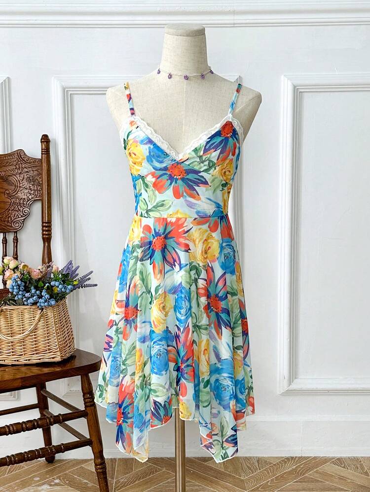 Women's Vacation Casual Seaside Colorful Oil Painting Floral Print Splicing Lace Asymmetrical Hem Cami Dress For Summer