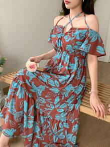 Dazy Designer Vestido de mujer con estampado floral, escote hombros descubiertos, cuello halter y diseño de vestido de verano
