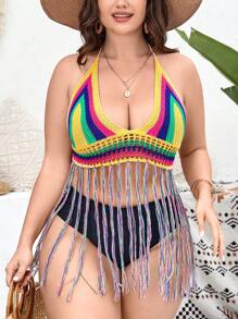 SHEIN Swim Curve Capa de punto con cuello de halter y lazo para mujer talla grande, para el verano