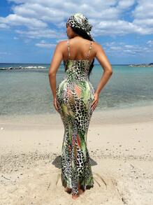 SHEIN SXY Đầm mùa hè Bohemian Beach, Đầm hở vai in họa tiết da báo gợi cảm cho nữ - Nhiều màu - Xem 2