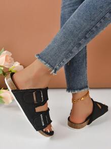 女士搭扣裝飾毛邊緣涼拖,酷夏天平底涼鞋 - 黑色 - 查看 3