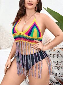 SHEIN Swim Curve Capa de punto con cuello de halter y lazo para mujer talla grande, para el verano