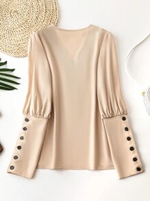 SHEIN Clasi 女性春季拼色V領鈕扣蓬袖休閒襯衫 - 彩色 - 查看 2