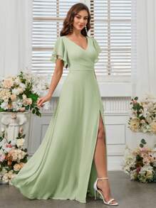 SHEIN Belle V-Neck High Split Chiffon Bridesmaid Dress (Adult) Elegant Dress - Mint Green - View 6