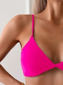 SHEIN Swim 女士假日纯色扭纹休闲舒适比基尼上衣，夏日海滩度假 - 玫紅色 - 查看 4