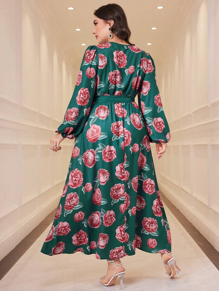 Plus Size Floral Printed Arabian Clothing Dress With V-Neck Long Evening Dresses