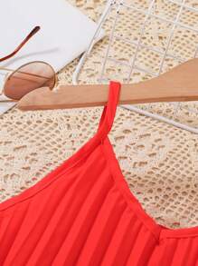 Tween Girl Summer Spaghetti Strap Pleated Belted Dress - Orange - View 4