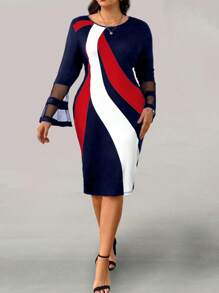 SHEIN Clasi 春夏大碼休閒對比色網紗拼接喇叭袖修身連衣裙 - 藏蓝色 - 查看 3